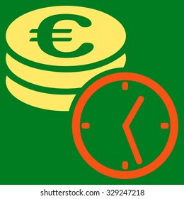 Euro Coins and Time vector icon. Style is bicolor flat symbol, orange and yellow colors, rounded angles, green background.