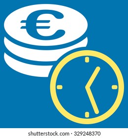 Euro Coins and Time vector icon. Style is bicolor flat symbol, yellow and white colors, rounded angles, blue background.