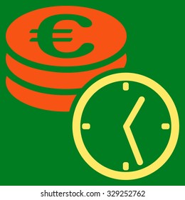 Euro Coins and Time vector icon. Style is bicolor flat symbol, orange and yellow colors, rounded angles, green background.