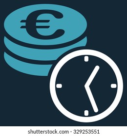 Euro Coins and Time vector icon. Style is bicolor flat symbol, blue and white colors, rounded angles, dark blue background.