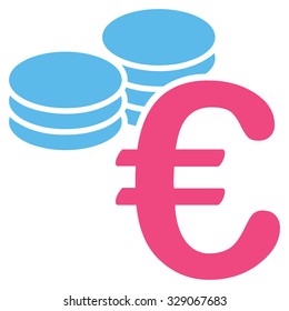 Euro Coins vector icon. Style is bicolor flat symbol, pink and blue colors, rounded angles, white background.