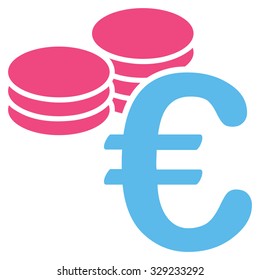 Euro Coins vector icon. Style is bicolor flat symbol, pink and blue colors, rounded angles, white background.