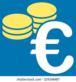 Euro Coins vector icon. Style is bicolor flat symbol, yellow and white colors, rounded angles, blue background.