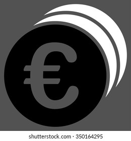 Euro Coins vector icon. Style is bicolor flat symbol, black and white colors, rounded angles, gray background.