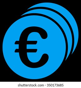 Euro Coins vector icon. Style is flat symbol, blue color, rounded angles, black background.