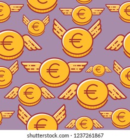 Euro coins with wings, seamless vector pattern, flat line design style.