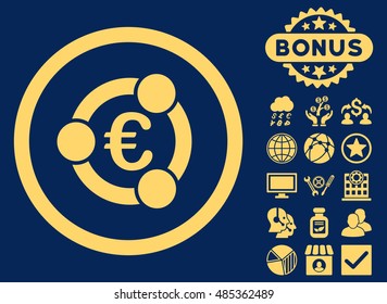 Euro Collaboration icon with bonus images. Vector illustration style is flat iconic symbols, yellow color, blue background.