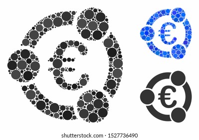 Euro collaboration mosaic of filled circles in variable sizes and color tints, based on Euro collaboration icon. Vector random circles are united into blue mosaic.