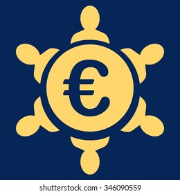 Euro Collaboration vector icon. Style is flat symbol, yellow color, rounded angles, blue background.