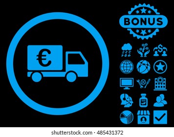 Euro Collector Car icon with bonus pictogram. Vector illustration style is flat iconic symbols, blue color, black background.