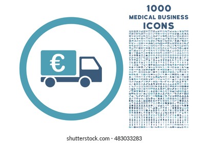 Euro Collector Car rounded vector bicolor icon with 1000 medical business icons. Set style is flat pictograms, cyan and blue colors, white background.
