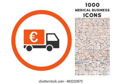 Euro Collector Car rounded vector bicolor icon with 1000 medical business icons. Set style is flat pictograms, orange and gray colors, white background.