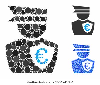 Euro commissioner composition of filled circles in different sizes and shades, based on Euro commissioner icon. Vector filled circles are composed into blue composition.