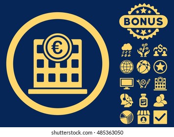 Euro Company Building icon with bonus symbols. Vector illustration style is flat iconic symbols, yellow color, blue background.