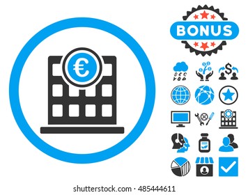 Euro Company Building icon with bonus pictogram. Vector illustration style is flat iconic bicolor symbols, blue and gray colors, white background.