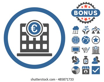 Euro Company Building icon with bonus pictogram. Vector illustration style is flat iconic bicolor symbols, cobalt and gray colors, white background.