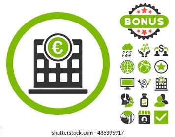 Euro Company Building icon with bonus pictures. Vector illustration style is flat iconic bicolor symbols, eco green and gray colors, white background.