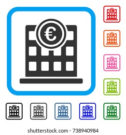 Euro Company Building icon. Flat gray pictogram symbol inside a light blue rounded rectangular frame. Black, gray, green, blue, red, orange color variants of Euro Company Building vector.