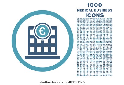 Euro Company Building rounded vector bicolor icon with 1000 medical business icons. Set style is flat pictograms, cyan and blue colors, white background.