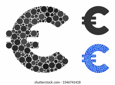 Euro composition of round dots in variable sizes and color tints, based on Euro icon. Vector round dots are united into blue composition. Dotted Euro icon in usual and blue versions.