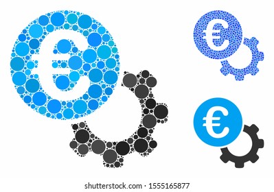 Euro configure composition of filled circles in various sizes and color tinges, based on Euro configure icon. Vector filled circles are combined into blue collage.