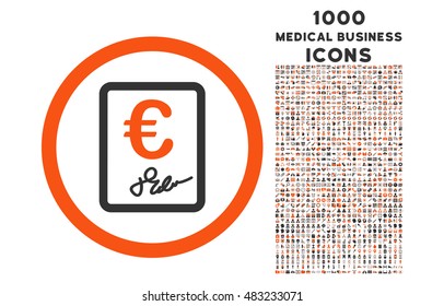 Euro Contract rounded vector bicolor icon with 1000 medical business icons. Set style is flat pictograms, orange and gray colors, white background.