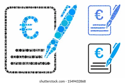 Euro contract signature composition of round dots in variable sizes and color hues, based on Euro contract signature icon. Vector dots are organized into blue composition.