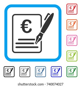 Euro Contract Signature icon. Flat grey pictogram symbol in a light blue rounded rectangular frame. Black, gray, green, blue, red, orange color versions of Euro Contract Signature vector.