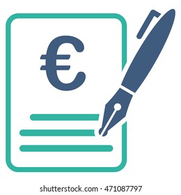 Euro Contract Signature icon. Vector style is bicolor flat iconic symbol with rounded angles, cobalt and cyan colors, white background.