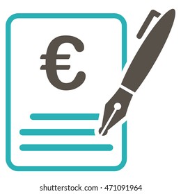 Euro Contract Signature icon. Vector style is bicolor flat iconic symbol with rounded angles, grey and cyan colors, white background.