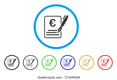 Euro Contract Signature rounded icon. Style is a flat euro contract signature gray symbol inside light blue circle with black, gray, green, blue, red, orange color versions.