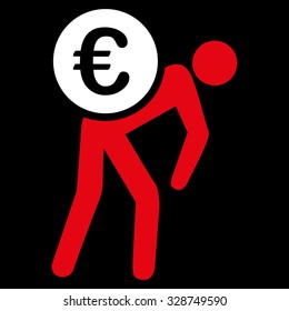 Euro Courier vector icon. Style is bicolor flat symbol, red and white colors, rounded angles, black background.