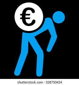 Euro Courier vector icon. Style is bicolor flat symbol, blue and white colors, rounded angles, black background.