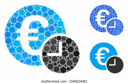 Euro credit composition of round dots in variable sizes and shades, based on Euro credit icon. Vector round dots are combined into blue composition. Dotted Euro credit icon in usual and blue versions.
