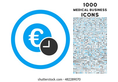 Euro Credit rounded vector bicolor icon with 1000 medical business icons. Set style is flat pictograms, blue and gray colors, white background.