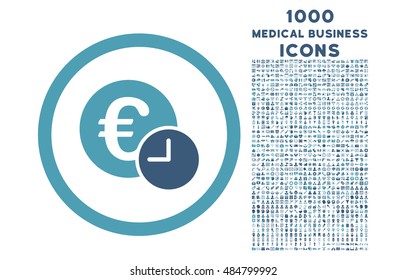Euro Credit rounded vector bicolor icon with 1000 medical business icons. Set style is flat pictograms, cyan and blue colors, white background.