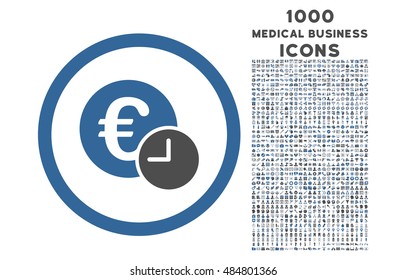 Euro Credit rounded vector bicolor icon with 1000 medical business icons. Set style is flat pictograms, cobalt and gray colors, white background.