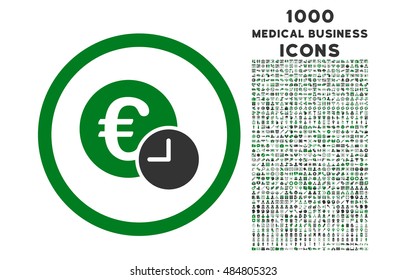 Euro Credit rounded vector bicolor icon with 1000 medical business icons. Set style is flat pictograms, green and gray colors, white background.