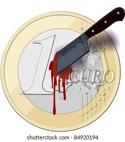 Euro crisis concept. Euro coin stabbed with a knife bleeding