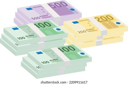 Euro Currency Banknotes. Big Stack Of Money. Simple, Flat Style. Graphic Vector Illustration. European Paper Money Backdrop With 100, 200 And 500 Euros Bills. Isometric View On A White Background