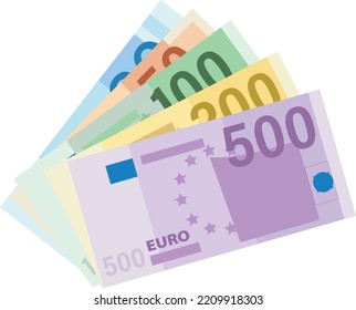 Euro currency banknotes. Big stack of money. Simple, flat style. Graphic vector illustration. European paper money backdrop with 100, 200 and 500 euros bills. Isometric view on a white background