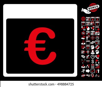 Euro Currency Calendar Page icon with bonus calendar and time management clip art. Vector illustration style is flat iconic symbols, red and white, black background.