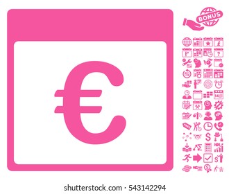 Euro Currency Calendar Page icon with bonus calendar and time management pictograph collection. Vector illustration style is flat iconic symbols, pink, white background.