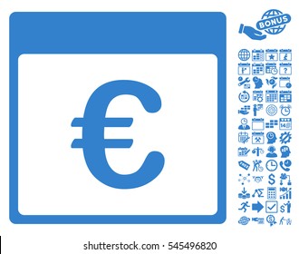 Euro Currency Calendar Page icon with bonus calendar and time management images. Vector illustration style is flat iconic symbols, cobalt, white background.