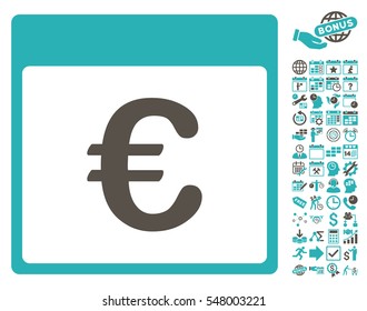 Euro Currency Calendar Page icon with bonus calendar and time management pictograms. Vector illustration style is flat iconic symbols, grey and cyan, white background.