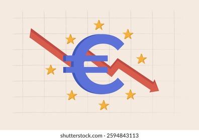 Euro currency decline. Downward arrow and eu stars. Financial downturns and economic challenges in the European market. Vector illustration.