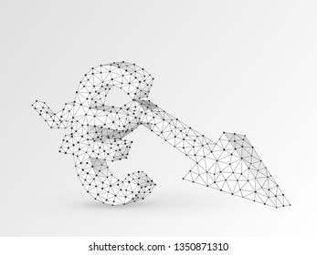 Euro currency downtrend arrow chart. Business polygonal Vector origami 3d illustration. Low poly success, data cash, finance concept. Connection wireframe mesh structure on white background