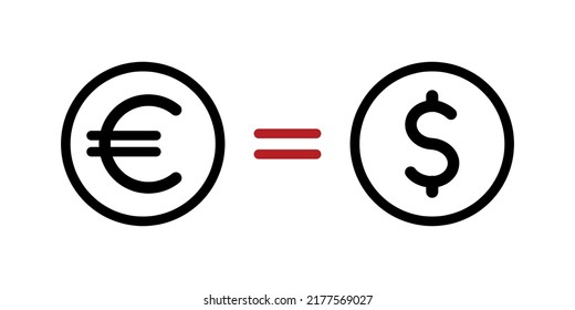 euro currency equals dollar, parity euro against dollar, downtrend euro, financial market concept simple vector illustration