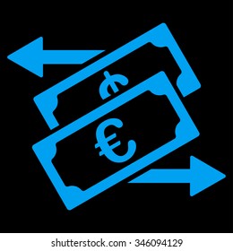 Euro Currency Exchange vector icon. Style is flat symbol, blue color, rounded angles, black background.