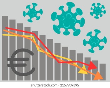 Caída del euro y coronavirus. Ejemplo vectorial de una crisis de la economía mundial. Gráfico de ingresos y flechas en caída. Impacto de virus en los mercados, las empresas, las finanzas. Fondo gris